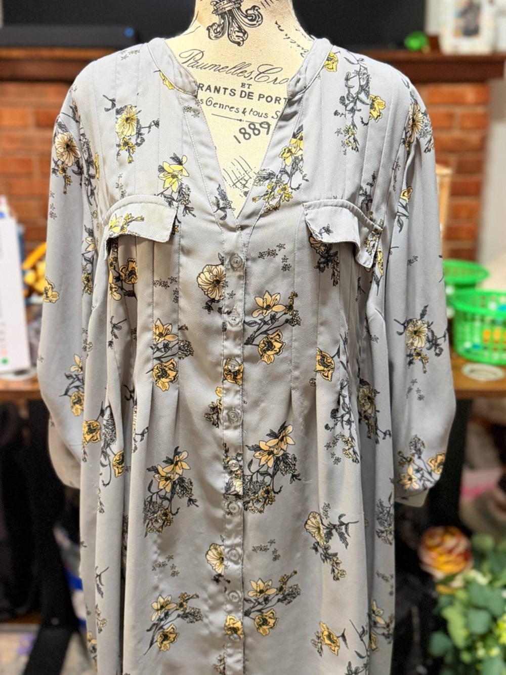 torrid Gray Floral Button-Down Blouse with Yellow Accents